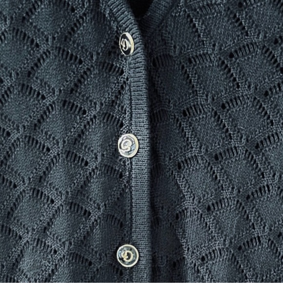 St. John Black Button Down Long Sleeve Pointelle Knit Cardigan Sweater Size 6 - Picture 5 of 9